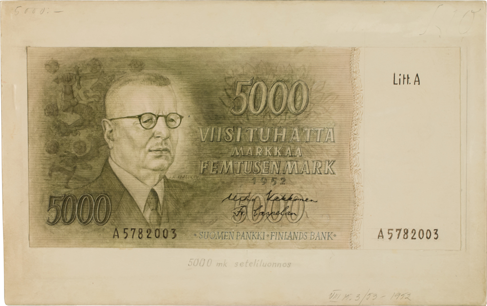 Tapio Wirkkalan luonnos 5000 markan seteliksi 1952